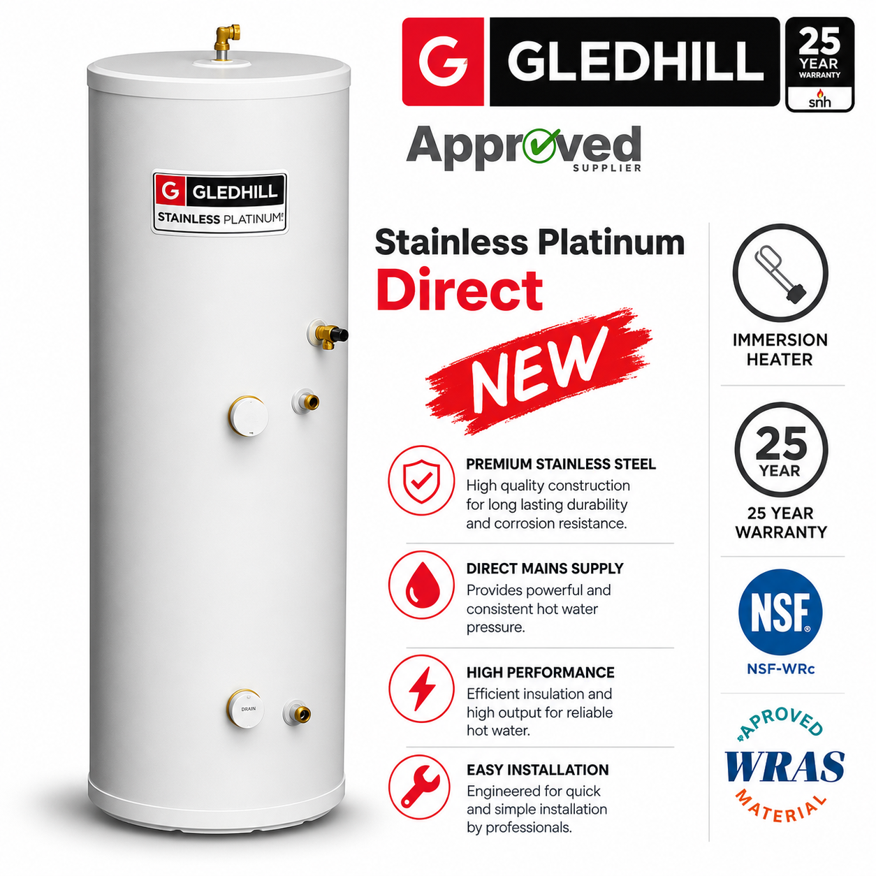 Gledhill Stainless Platinum 210L Direct Unvented Cylinder - Image 3
