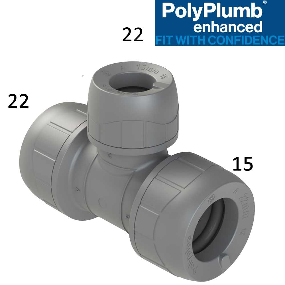 Polyplumb 22mm x 15mm x 22mm Reducing Tee Push Fit - Image 2