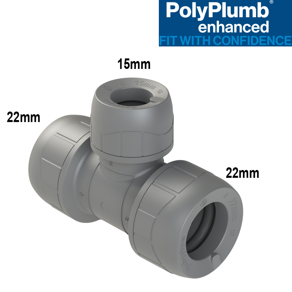 Polyplumb 22mm x 22mm x 15mm Reducing Tee Push Fit - Image 2