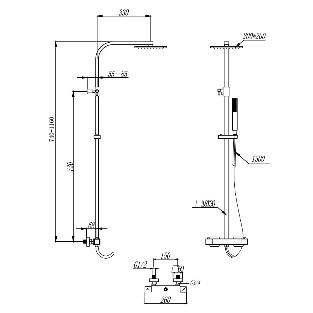 K-Vit Pure Square Bar Shower Kit Chrome - Image 2