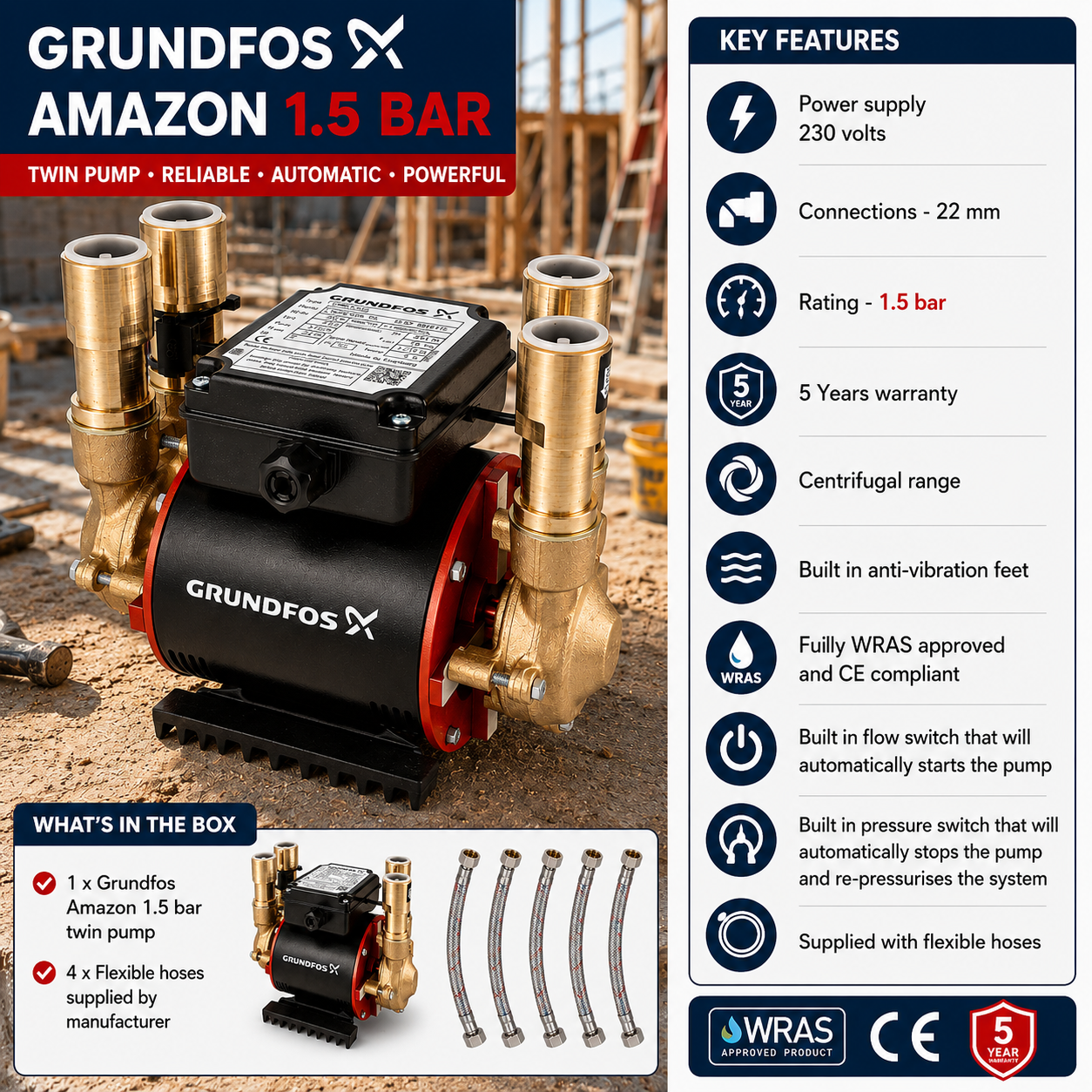 Grundfos Amazon STP-1.5 B Pump 1.5 Bar Twin Positive Heavy Duty - Image 2