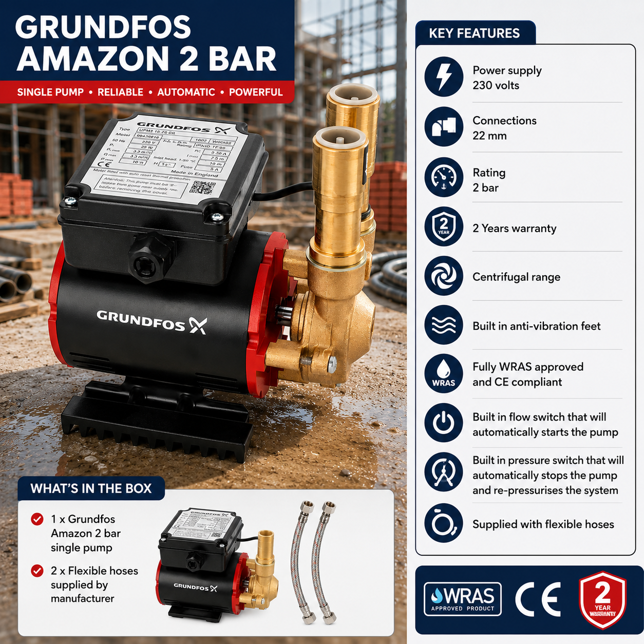 Grundfos Amazon 2 Bar Single Pump SSP-2.0 B Heavy Duty - Image 3