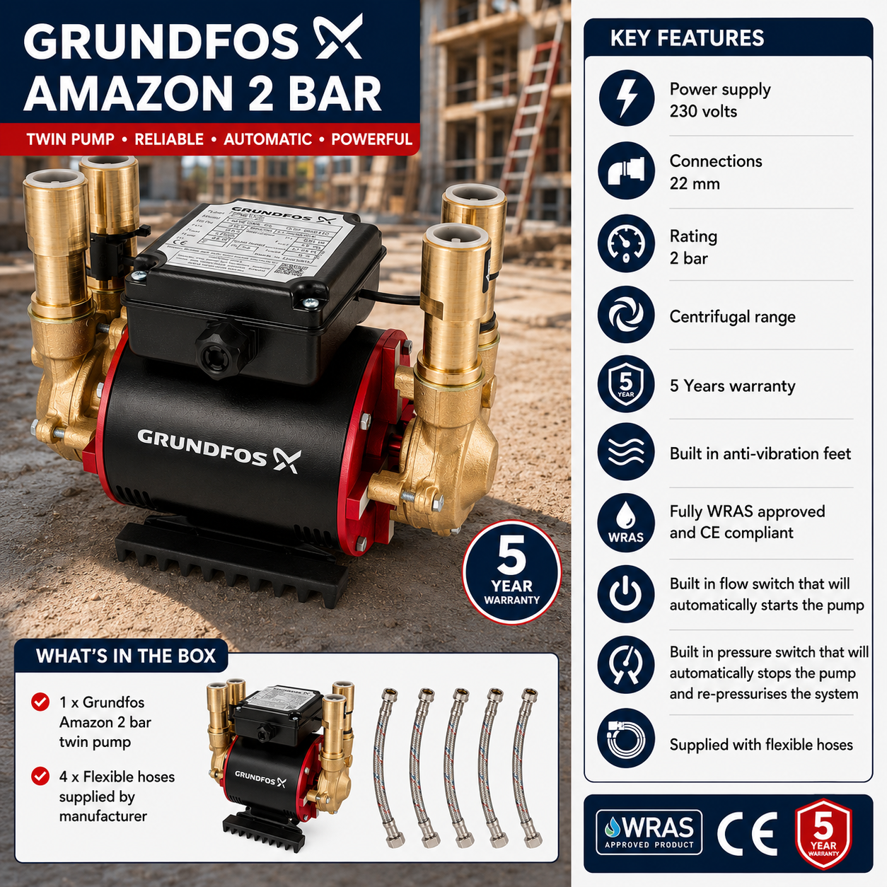 Grundfos Amazon 2 Bar Twin Pump STP-2.0 B Heavy Duty - Image 2