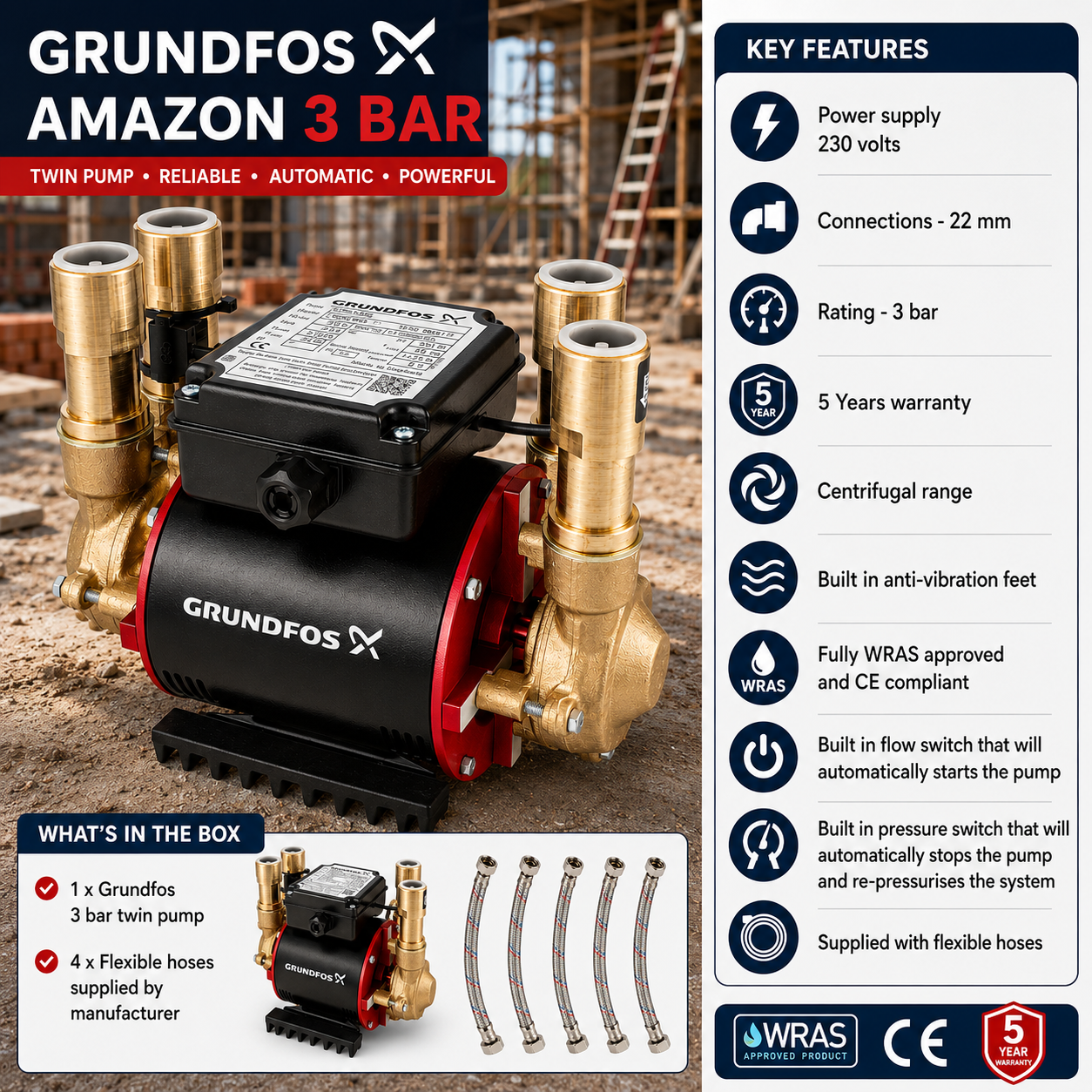 Grundfos Amazon 3 Bar Twin Pump STP-3.0 B Heavy Duty - Image 2