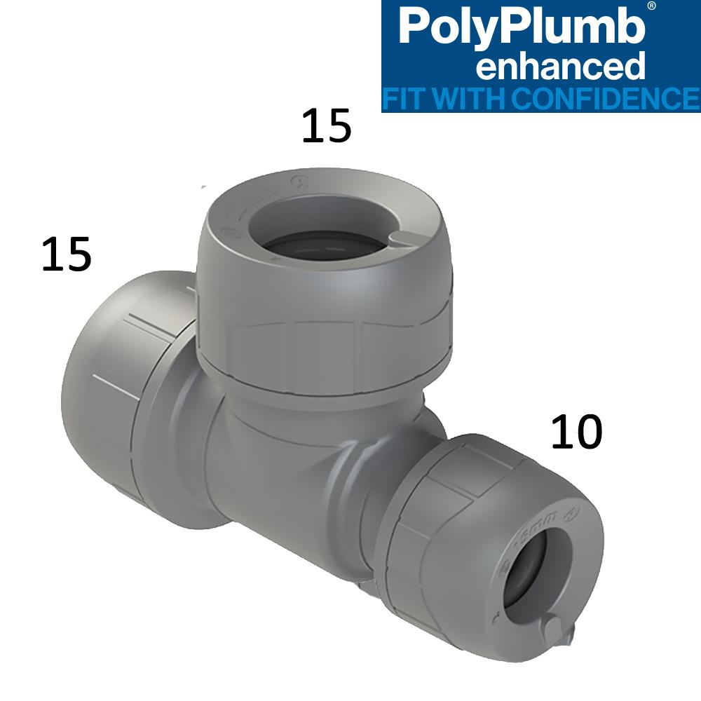 Polyplumb 15mm x 10mm x 15mm Reducing Tee Push Fit - Image 2