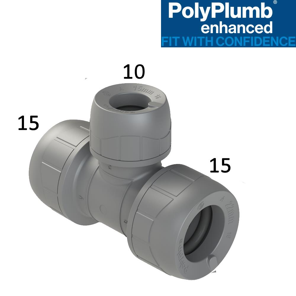 Polyplumb 15mm x 15mm x 10mm Reducing Tee Push Fit - Image 3