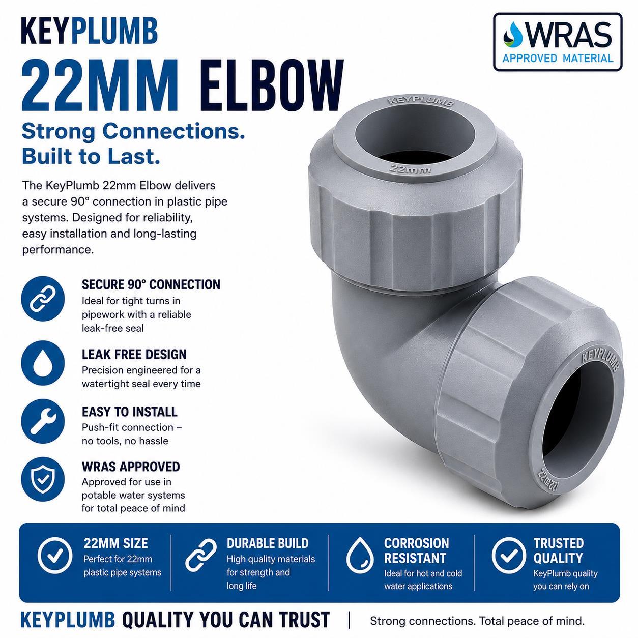 Keyplumb 22mm Push Fit Elbow - Image 2