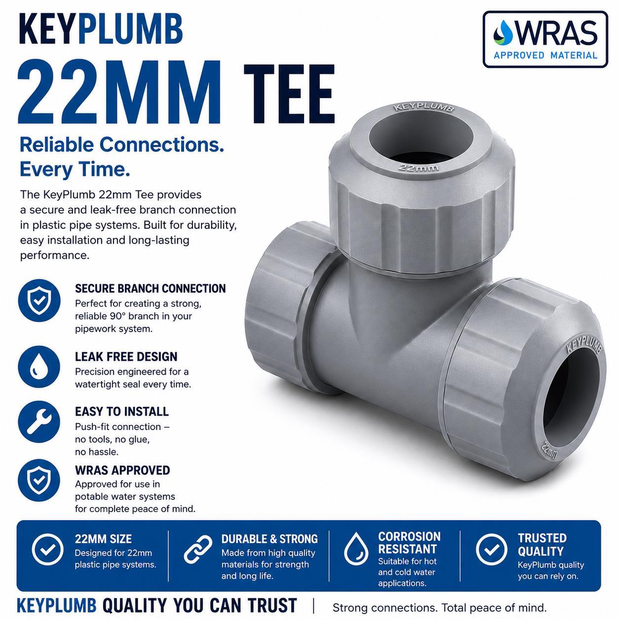 Keyplumb 22mm Push Fit Tee - Image 2