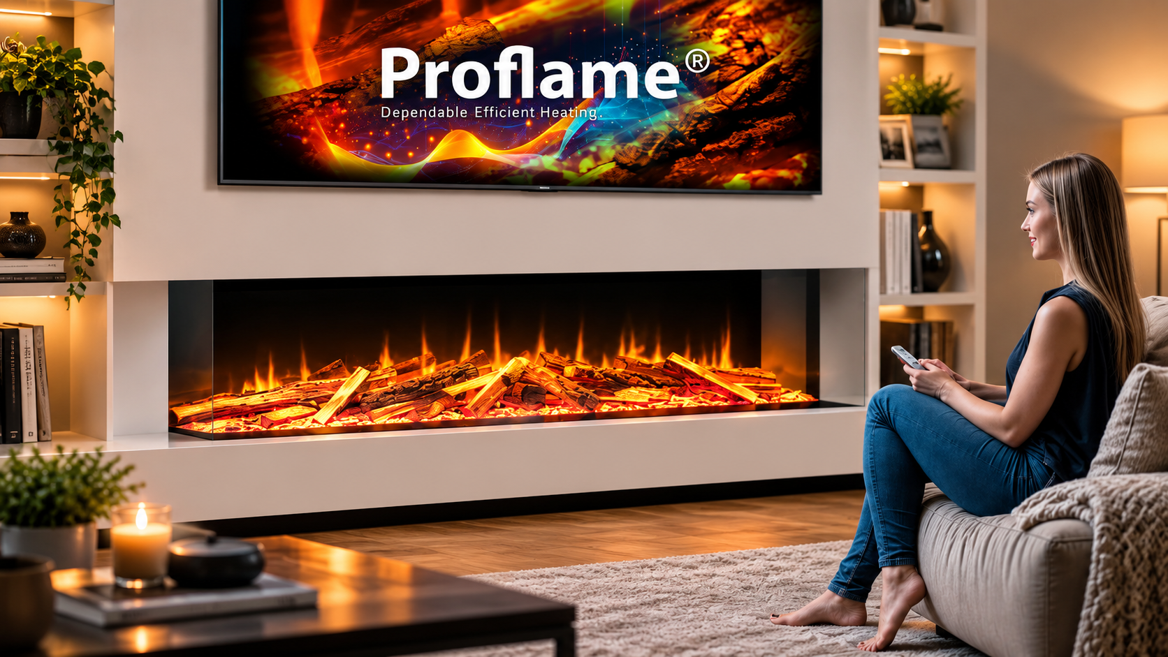 Flavel Proflame electric media wall fire in a modern living room