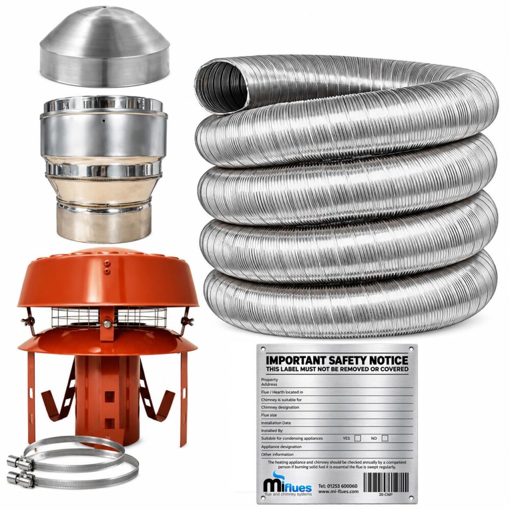 Flue Liner Kit 3 with flexible liner and terracotta anti-downdraught pot hanger cowl